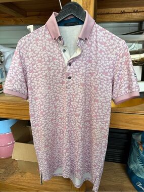 Greyson Men's Pink Patterned Polo with Contrast Collar